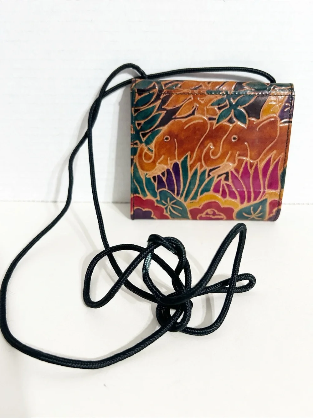 Vintage Genuine Leather Elephant Crossbody Wallet Purse Tooled Floral Boho